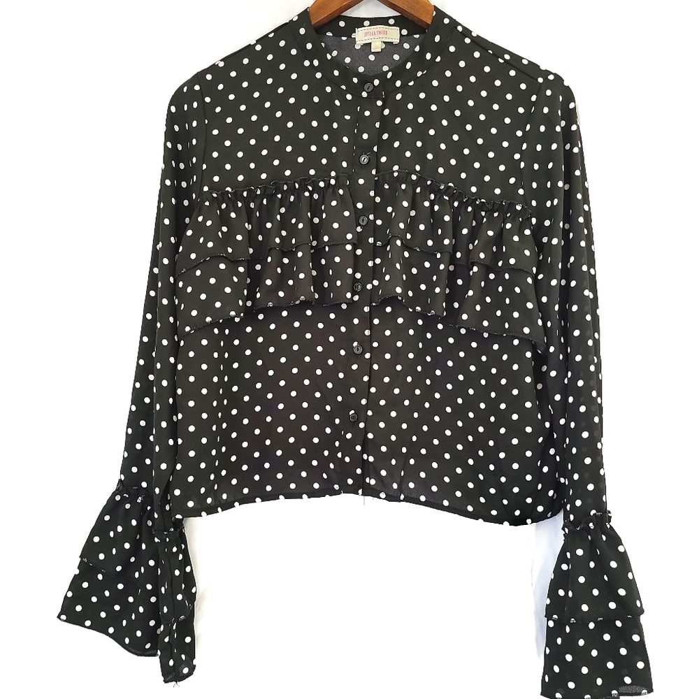 Black white polka dot long sleeve button down -A